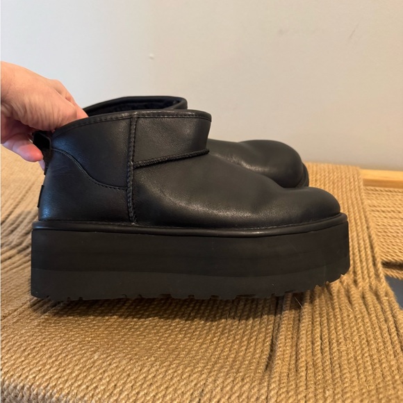 UGG Black Leather Classic Ultra Mini Boots - Picture 3 of 7